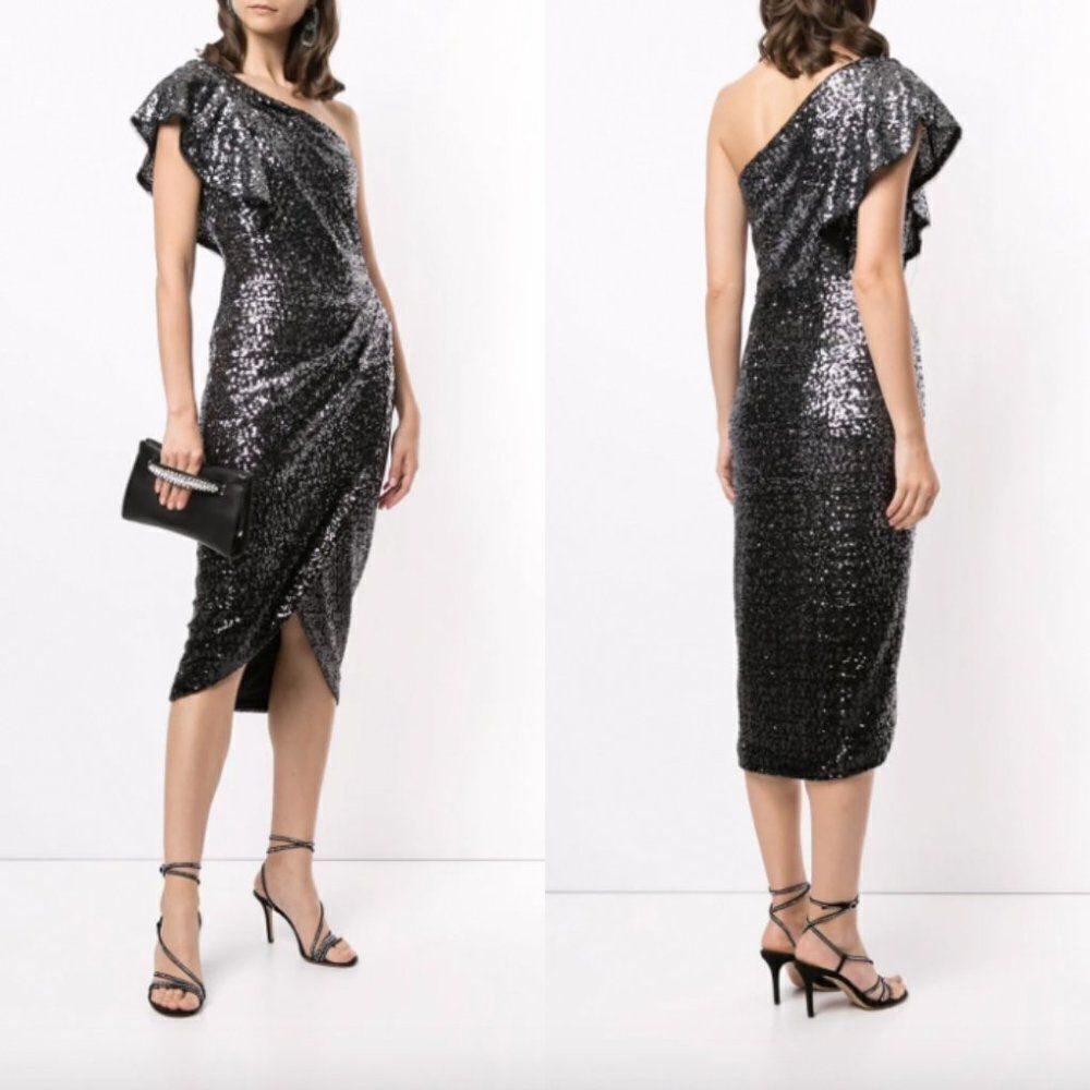NWT Marchesa Notte grey black gunmetal sequin one shoulder wrap tea length dress